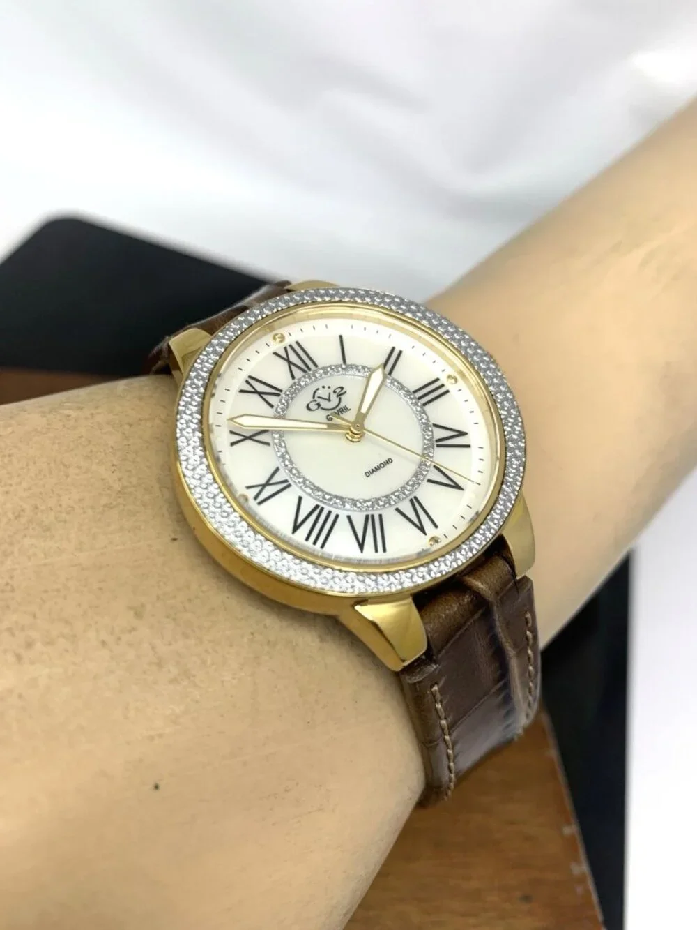 GV2 by Gevril Women's Watch 9142 Swiss Quartz Mother Of Pearl Dial Brown Leather